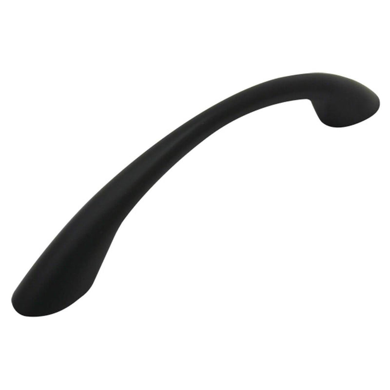 Cabinet drawer pull in flat black finish with arch and elongated design