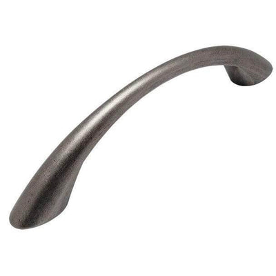 Weathered nickel cabinet pull with arch design and three and three quarters inch hole spacing