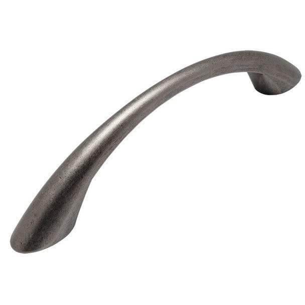 Weathered nickel cabinet pull with arch design and three and three quarters inch hole spacing