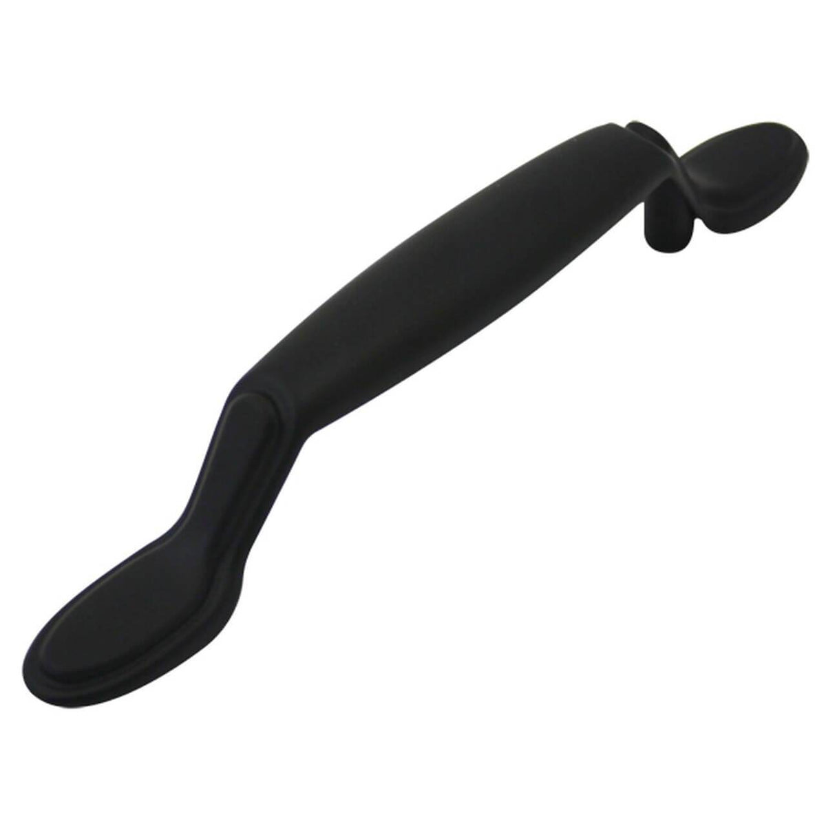 Half octagon shaped drawer pull in flat black finish with three inch hole spacing