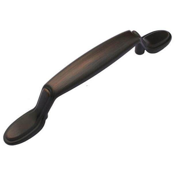 Roof shaped cabinet handle in oil rubbed bronze finish with three inch hole spacing