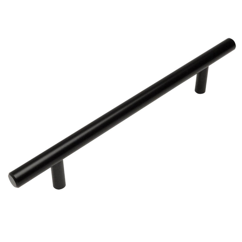 Flat black slim line euro style bar pull with six and five sixteenths  inch hole spacing