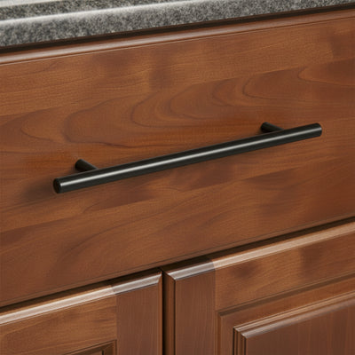 Oil rubbed bronze slim line euro style bar pull with six and five sixteenths inch hole spacing