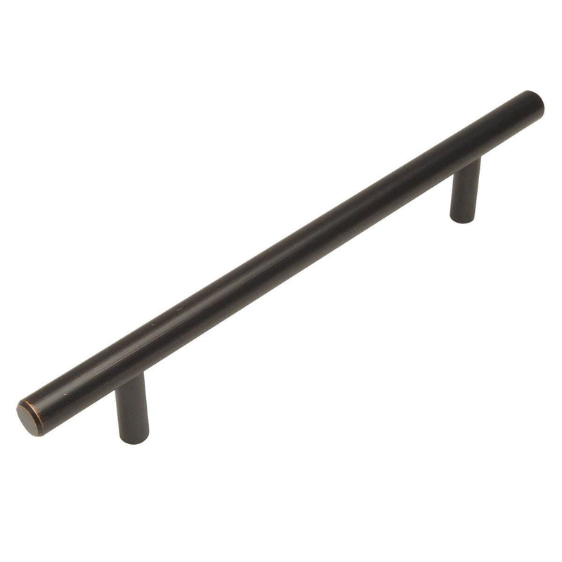 Oil rubbed bronze slim line euro style bar pull with six and five sixteenths inch hole spacing