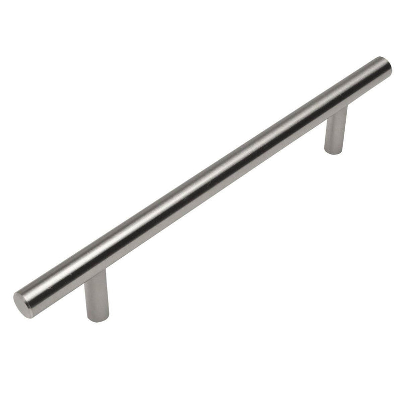 Satin nickel slim line euro style bar pull with six and five sixteenths inch hole spacing