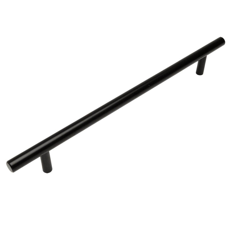 Flat black slim line euro style bar pull with eight and seven eighths inch hole spacing