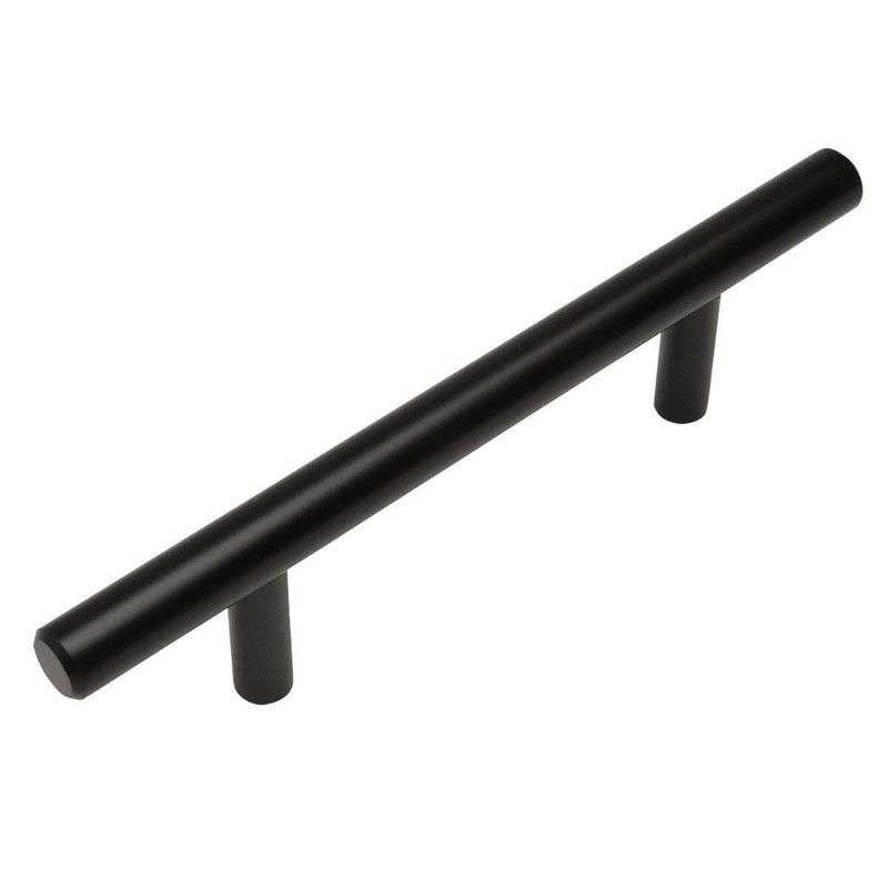 Flat black slim line euro style bar pull with three and a half inch hole spacing