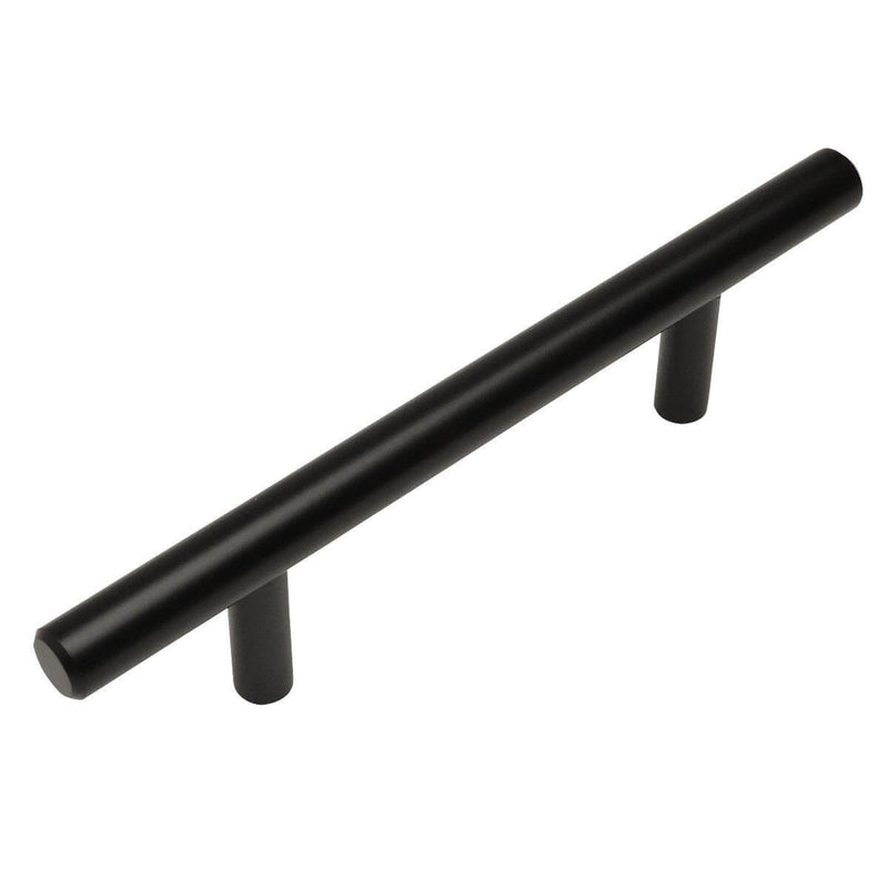 Flat black slim line euro style bar pull with three and three quarters inch hole spacing