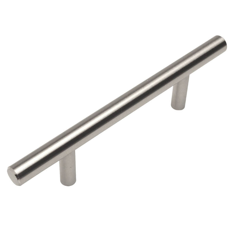 Satin nickel slim line euro style bar pull with three and three quarters inch hole spacing