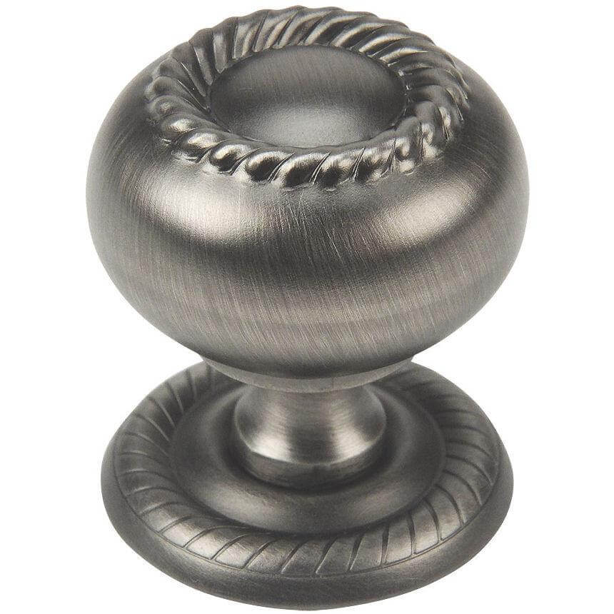 Round cabinet knob in antique silver finish with rope design on the face and on the base