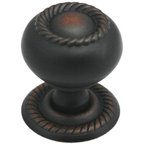Round knob in oil rubbed bronze finish with rope design on the face and on the base