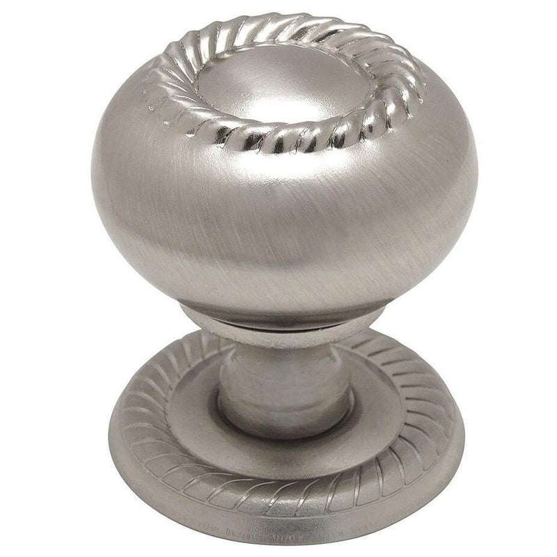 Satin nickel drawer knob with rope design and one and a quarter inch diameter