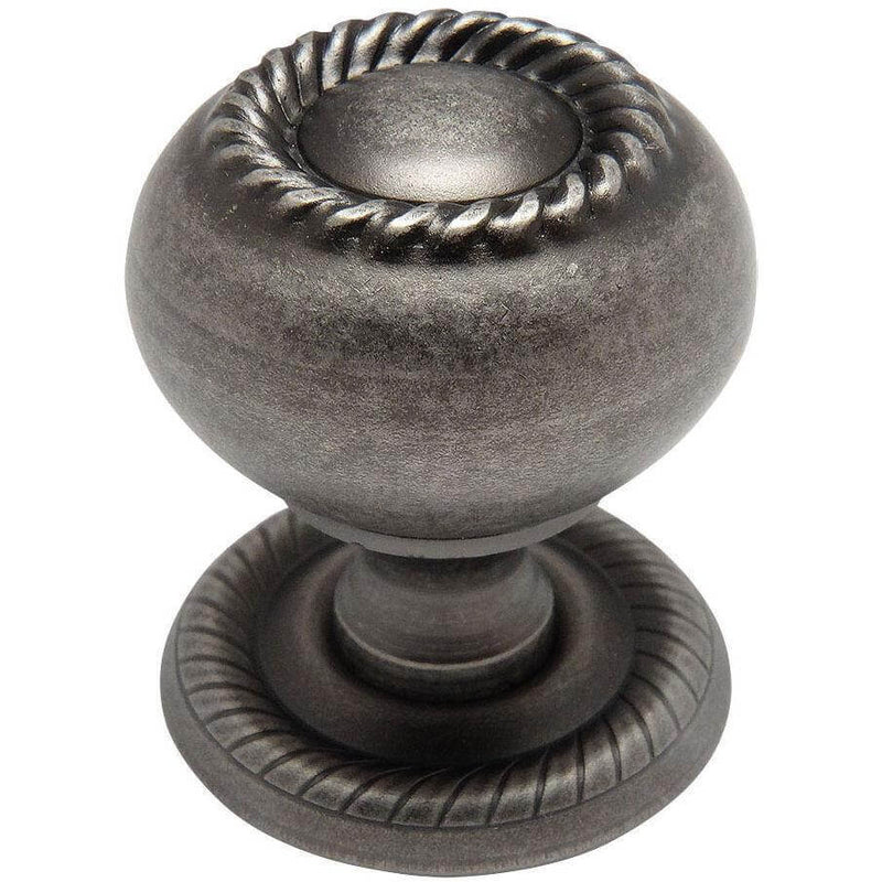 Weathered nickel drawer knob with rope design on the face and on the base