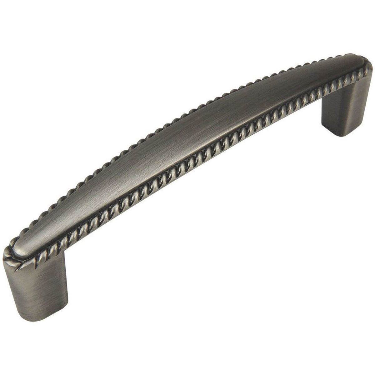 Antique silver cabinet pull with rope engraving and three and three quarters inch hole spacing