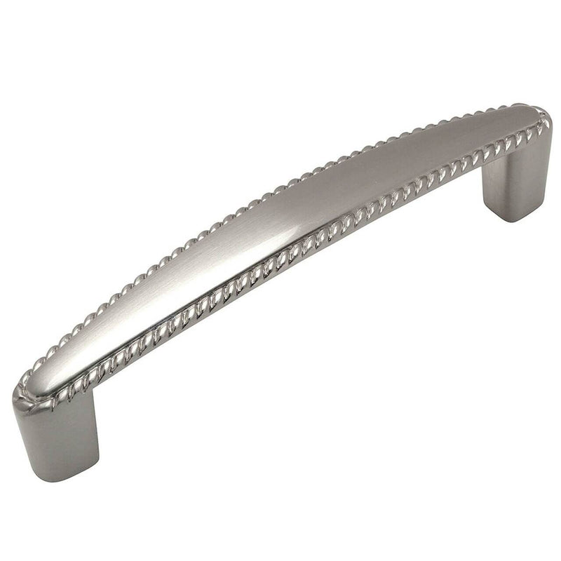 Three and three inch hole spacing drawer pull in satin nickel finish
