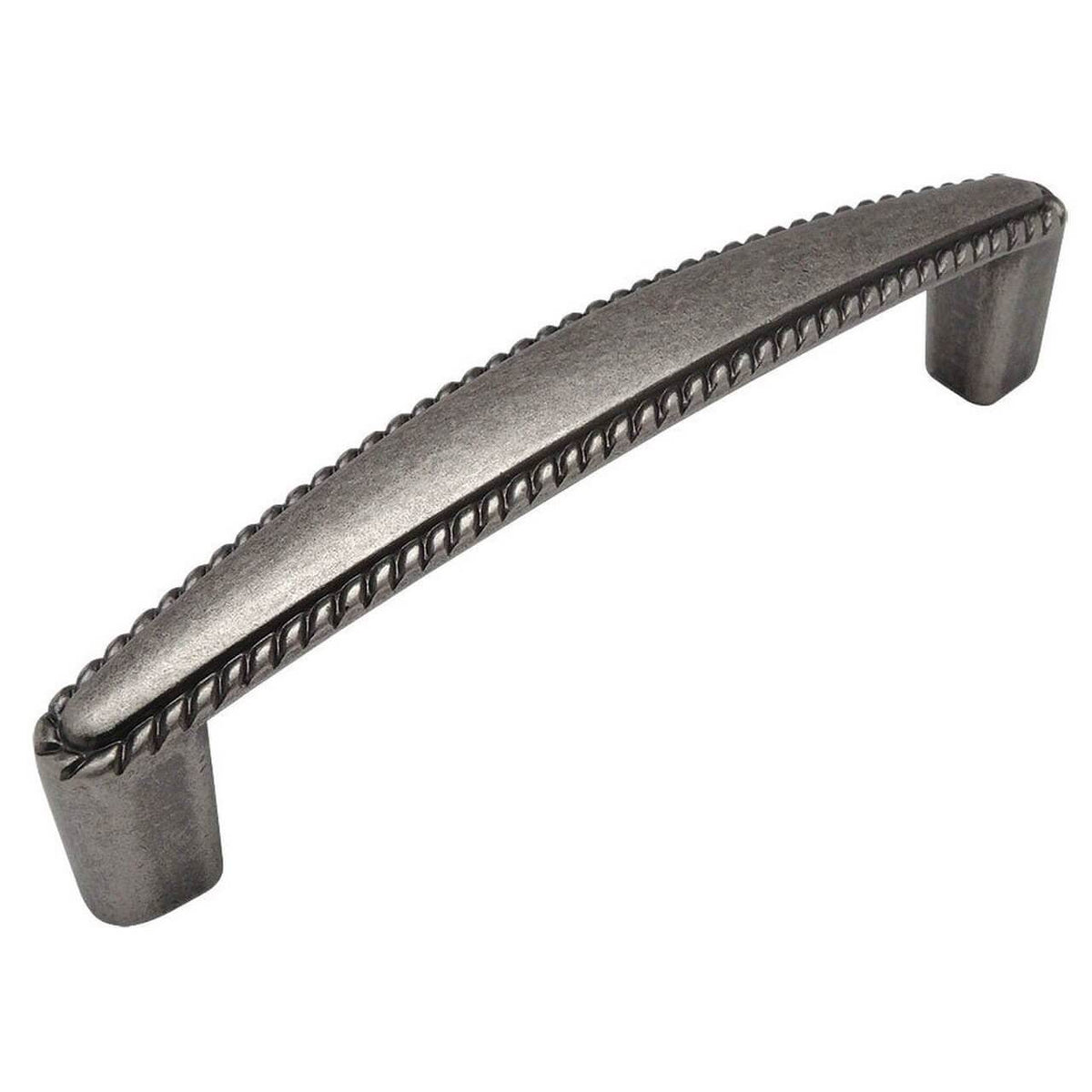 Cabinet pull in weathered nickel finish with rope engraving and three and three quarters inch hole spacing