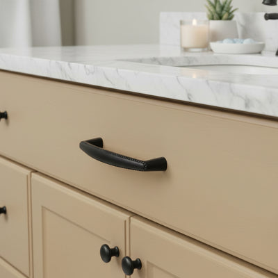 Rope cabinet pull in flat black finish with five inch hole spacing