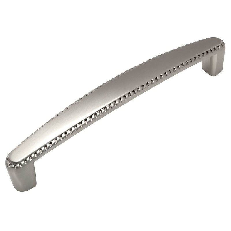 Satin nickel cabinet pull with rope design and five inch hole spacing