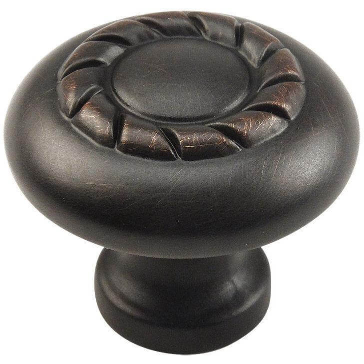 Round cabinet drawer knob in oil rubbed bronze finish with rope design