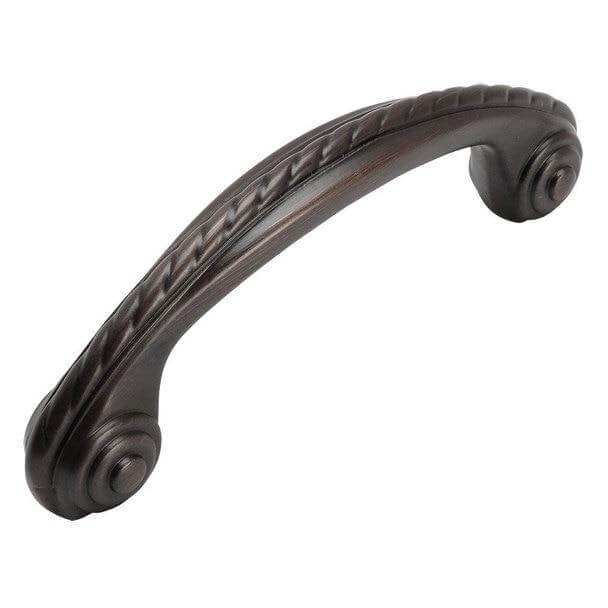 Three inch hole spacing oil rubbed bronze cabinet pull with rope engraving and swirls at the ends