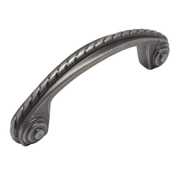 Weathered nickel drawer pull with rope design and three inch hole spacing