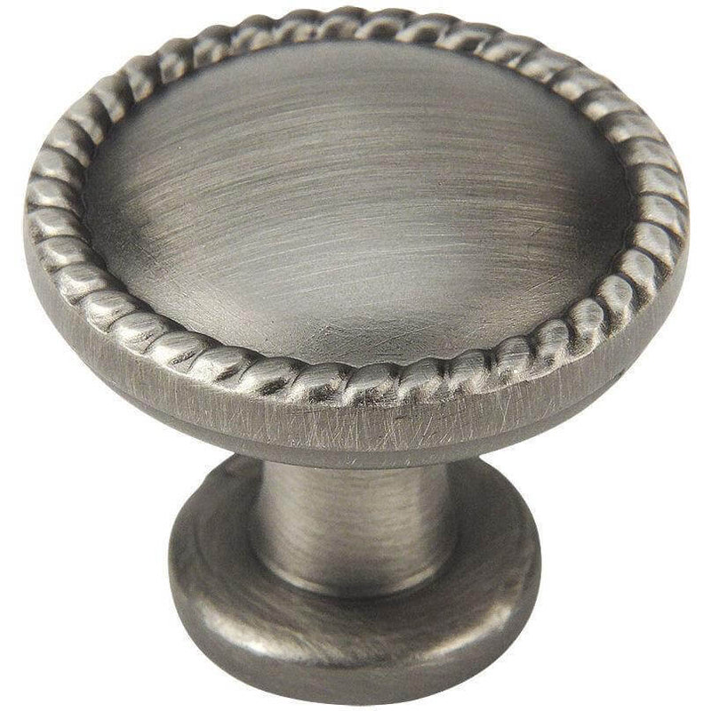 Round antique silver drawer knob with rope design at the edges