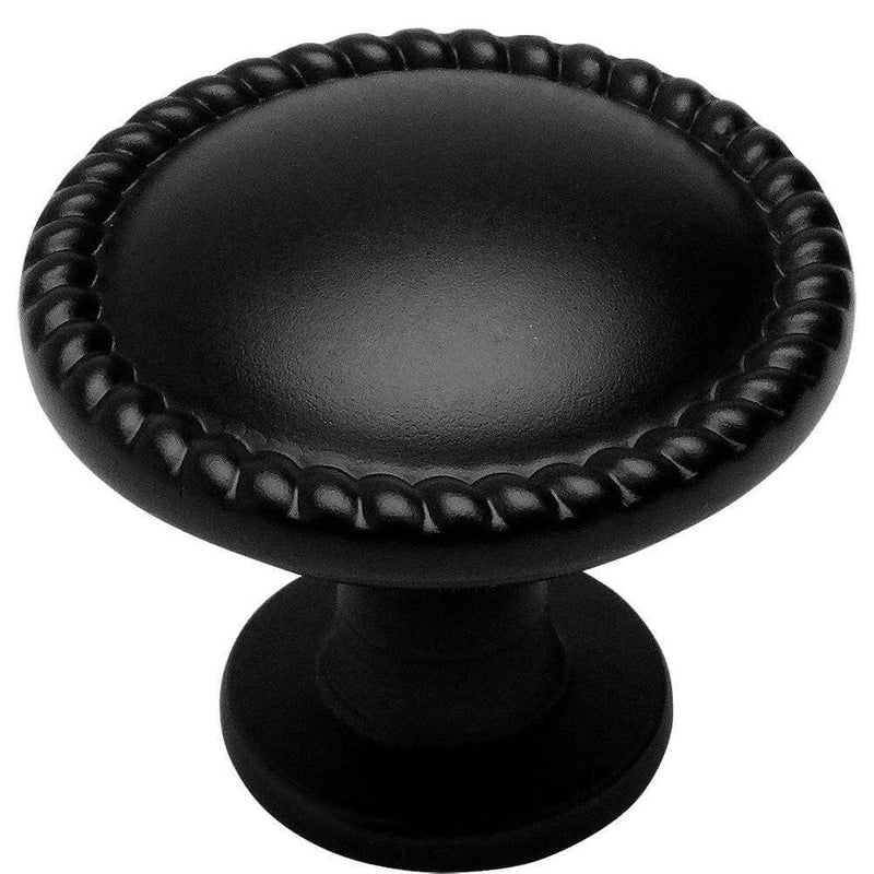 Rope cabinet drawer knob in flat black finish with one and a quarter inch diameter