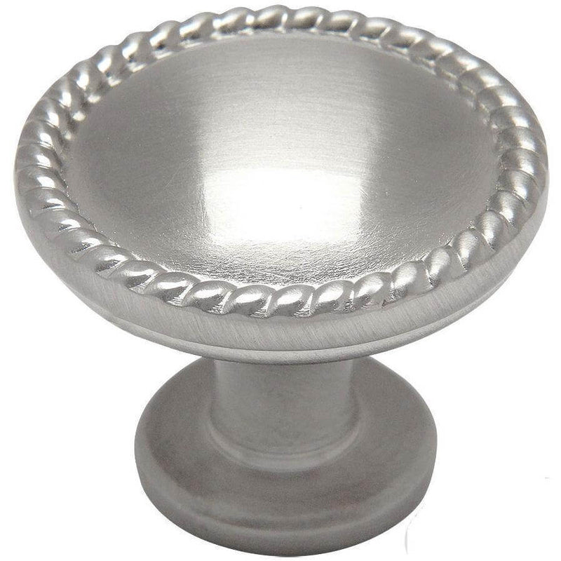 Round cabinet drawer knob in satin nickel finish with rope design and one and a quarter inch diameter