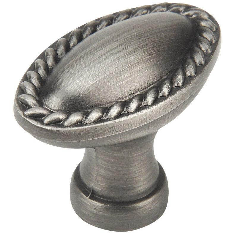 Tilted oval knob in antique silver finish with rope design and one and three eighths inch length