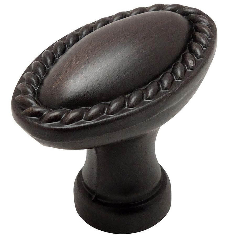 Rope drawer knob in oil rubbed bronze finish with rope design along the edges