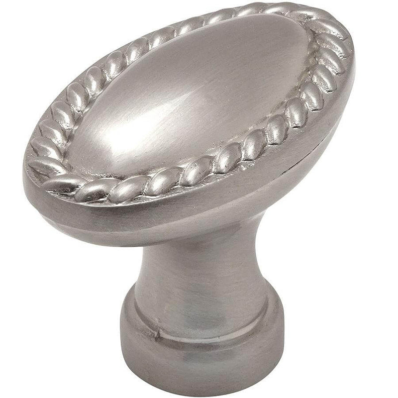 Satin nickel drawer knob with tilted knob and rope design along the edges
