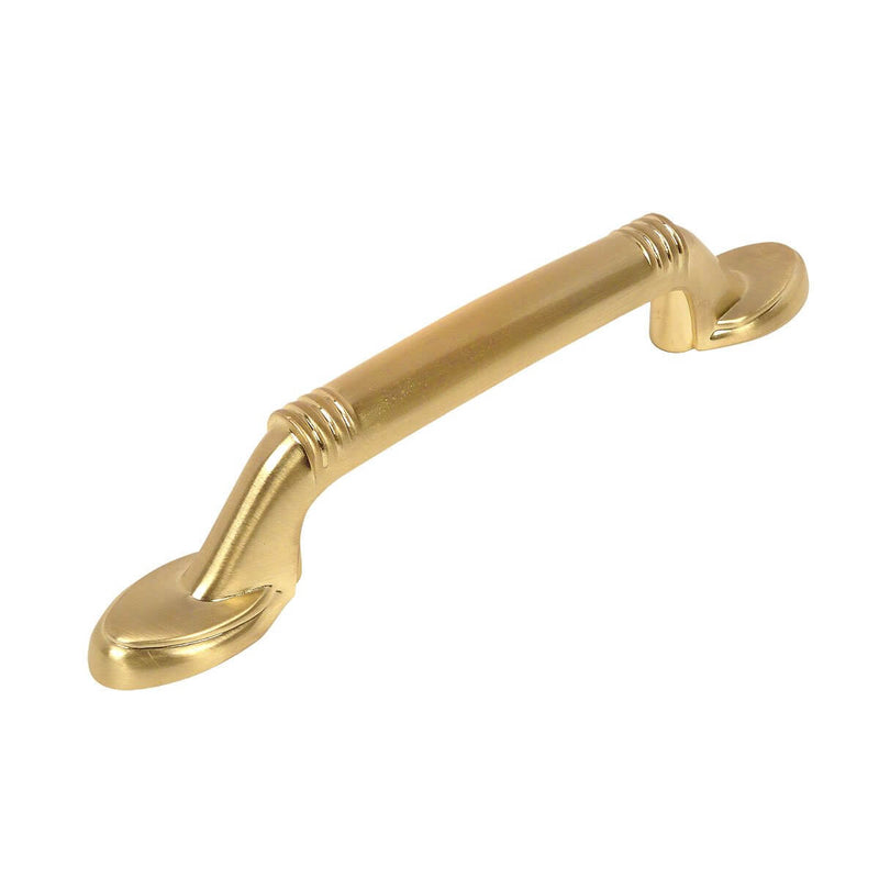 Three inch hole spacing cabinet pull in brushed brass finish and lines engraved on the handle