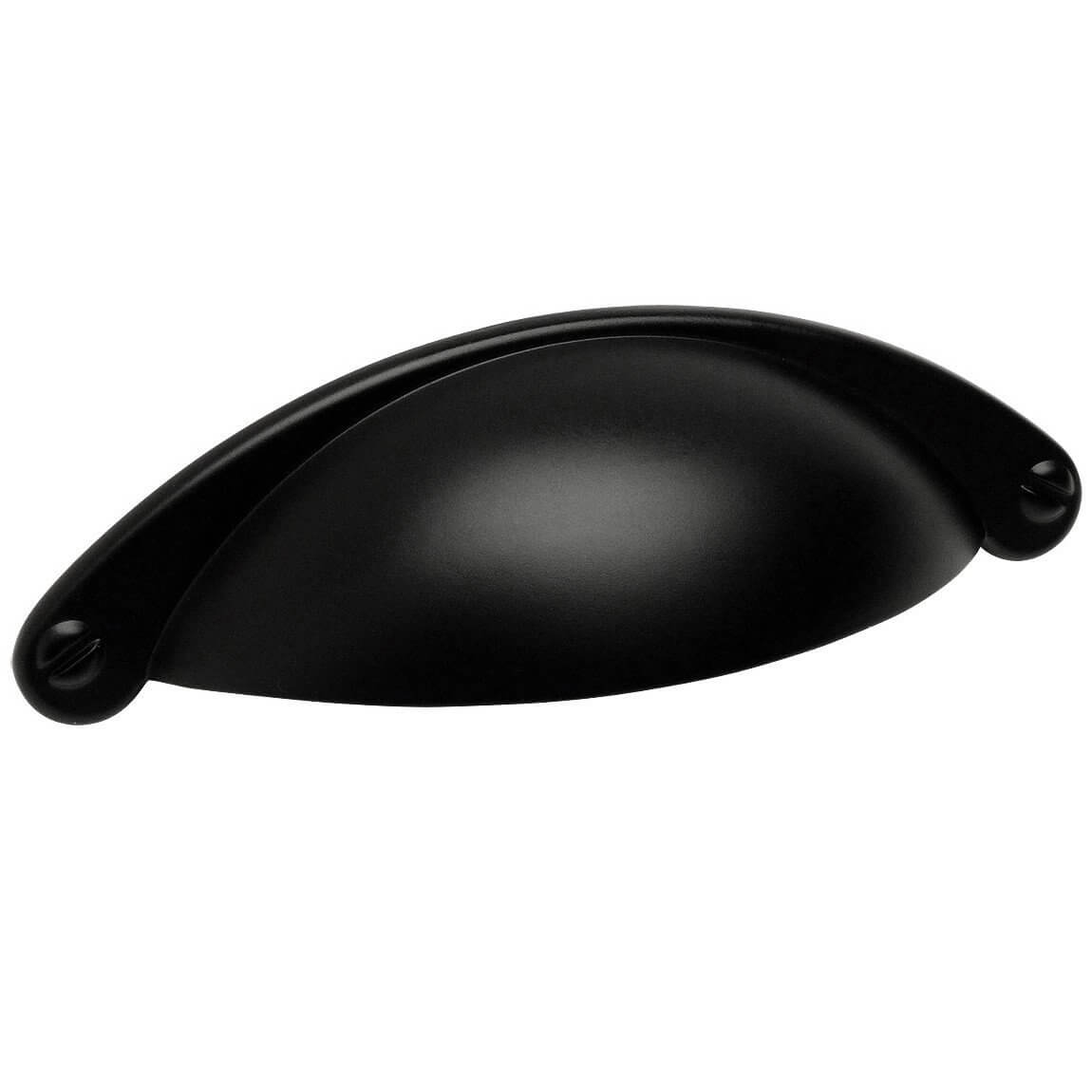 Cabinet cup pull with two and a half inch hole spacing in flat black finish