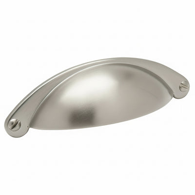 Satin nickel drawer cup pull with two and a half inch hole spacing