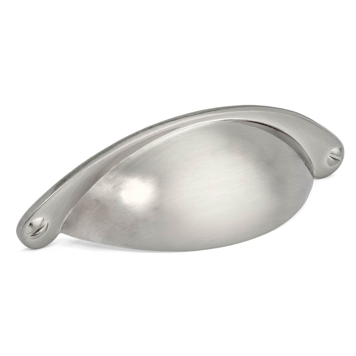 Drawer cup pull with two and a half inch hole spacing in satin nickel finish