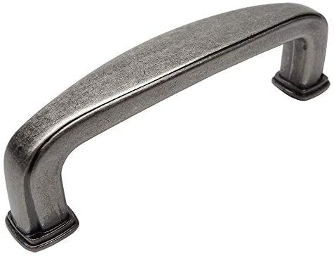 Three and three quarters inch hole spacing drawer pull in weathered nickel finish with a wide shape at the centre