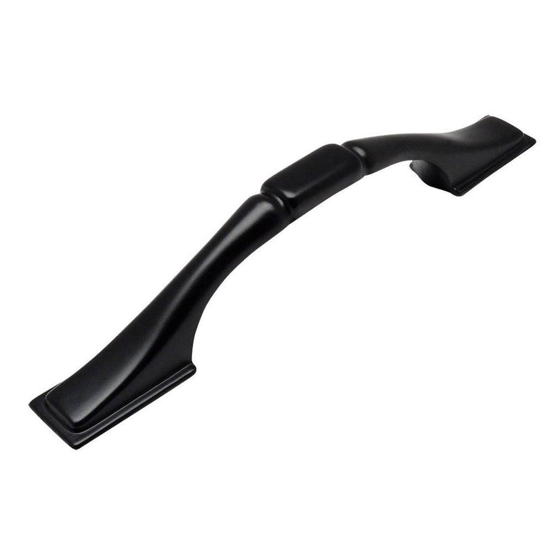 Flat black cabinet handle with subtle wide ends and rectangular shaped central point