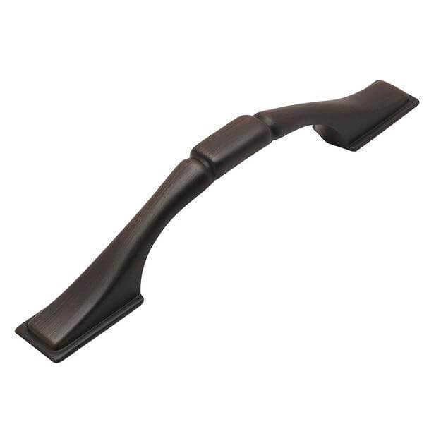 Cabinet pull in oil rubbed bronze finish with rectangular shaped central point and three inch hole spacing