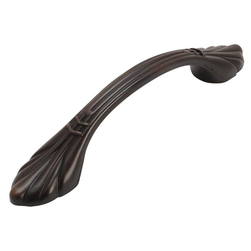 Cabinet pull with three inch hole spacing and leaf design in oil rubbed bronze finish