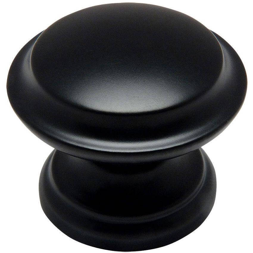 Raised centre drawer knob in flat black finish with one and three eighths inch diameter