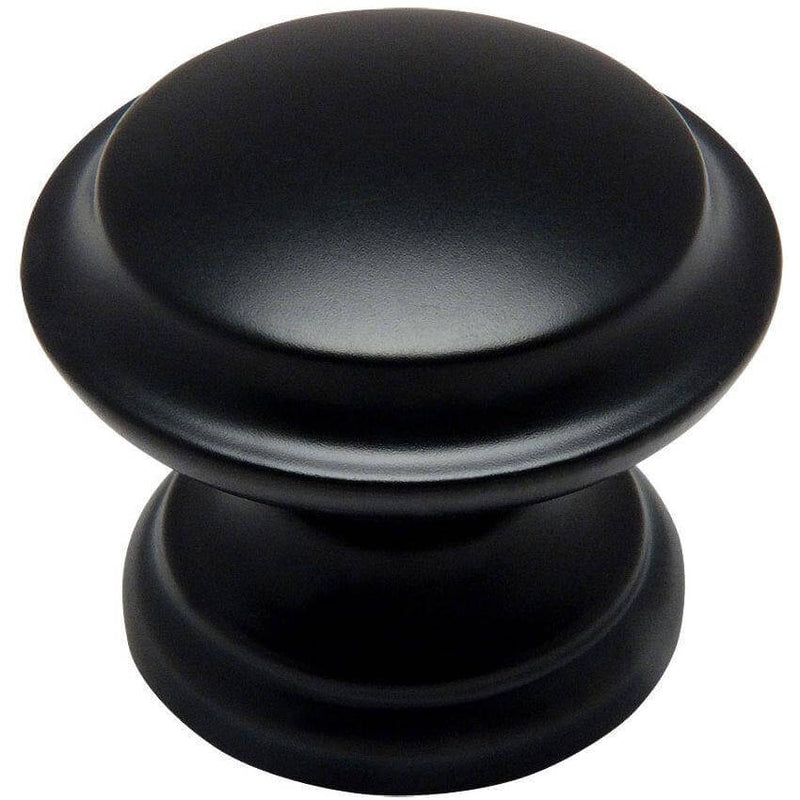 Raised centre drawer knob in flat black finish with one and three eighths inch diameter