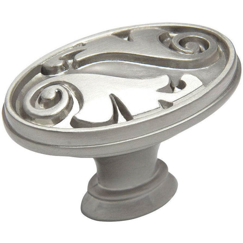 Floral drawer knob in satin nickel finish with oval shape