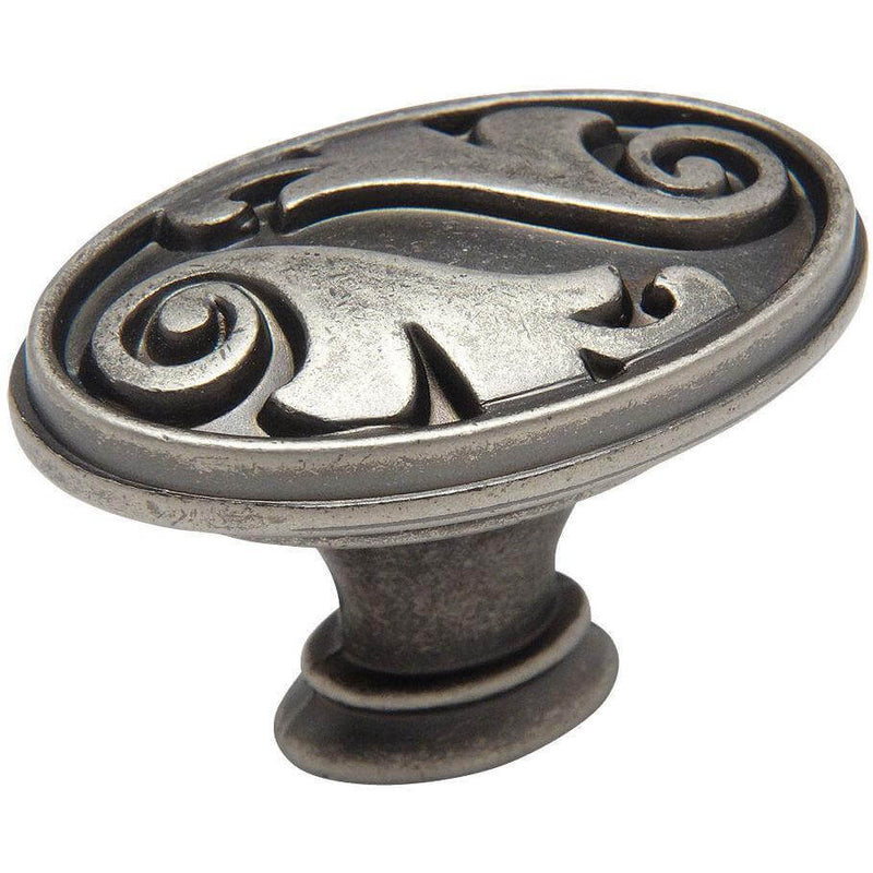 Weathered nickel cabinet knob with oval shape and floral engraving