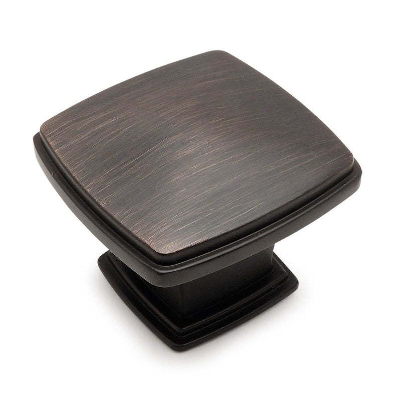 Subtle pyramid cabinet knob in oil rubbed bronze finish with one and eleven sixteenths inch diameter