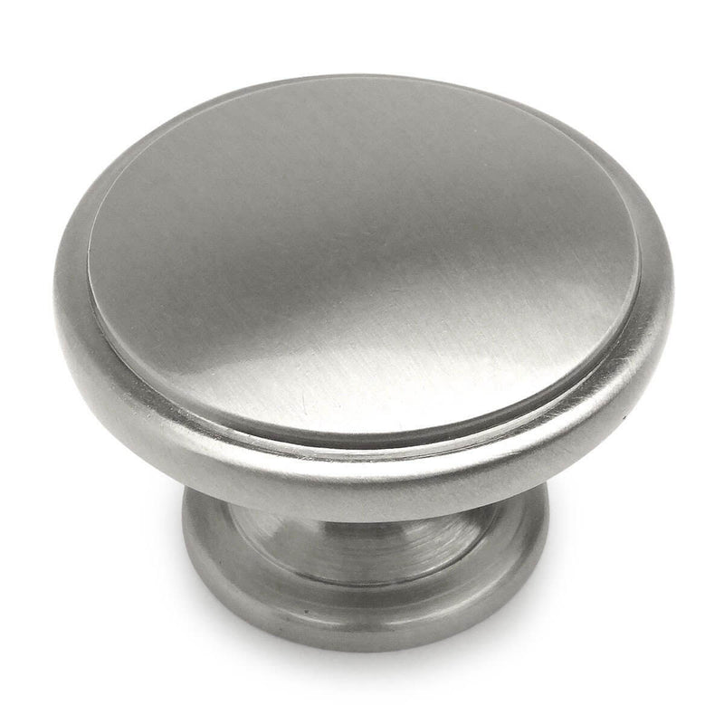 Satin nickel drawer knob with raised centre and round shape