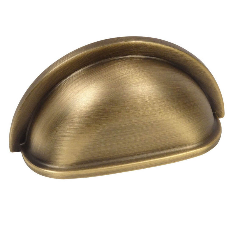 Three inch hole spacing cabinet cup pull in brushed antique brass finish