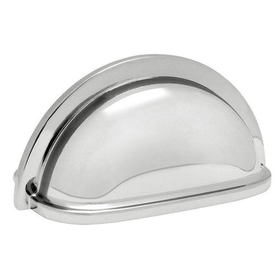 Polished chrome drawer cup pull with three inch hole spacing