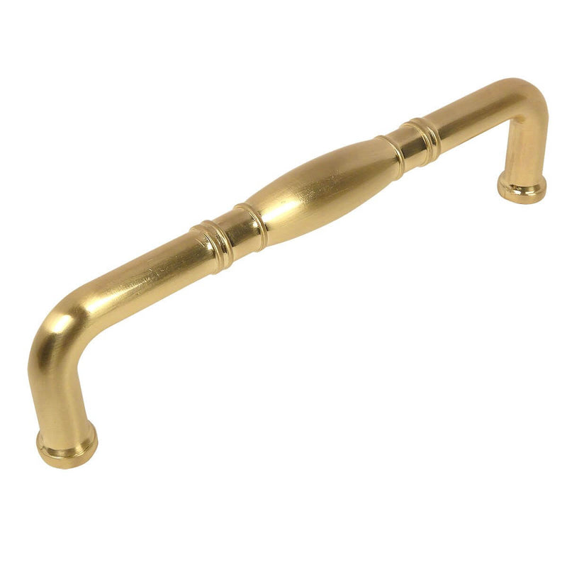 Handle pull in brushed brass finish with a bulge at the centre and rings aside