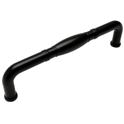Five inch hole spacing flat black cabinet pull with bulge at the centre and rings aside