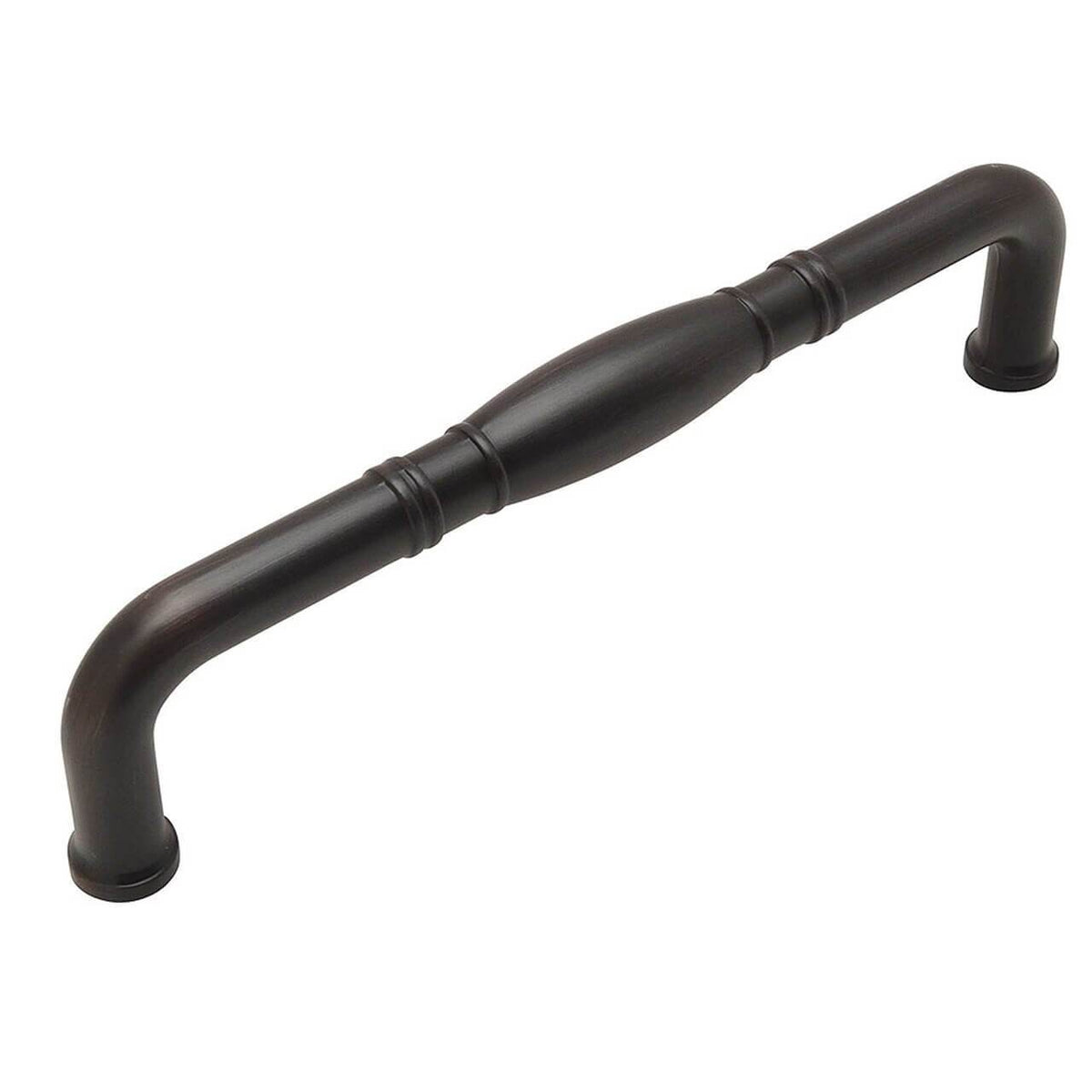 Oil rubbed bronze drawer pull with a bulge at the centre and rings engraving